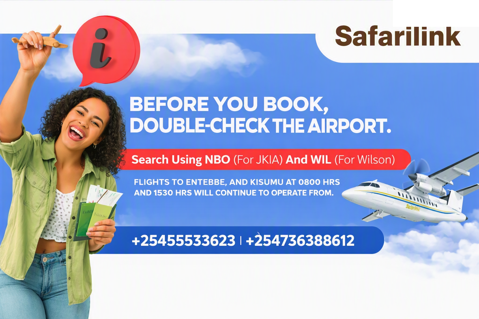 SafariLink airport information notice with passenger and aircraft